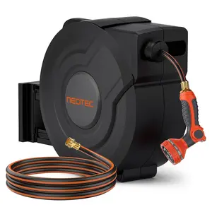 NEOTEC Retractable Garden Hose Reel 90ft/100ft/130ft - Wall Mounted ，Heavy Duty Hose Reel with 3/4 Inch Brass Fittings & 9-Pattern Nozzle - Auto Rewind System, Any Length Lock, 180° Swivel Bracket