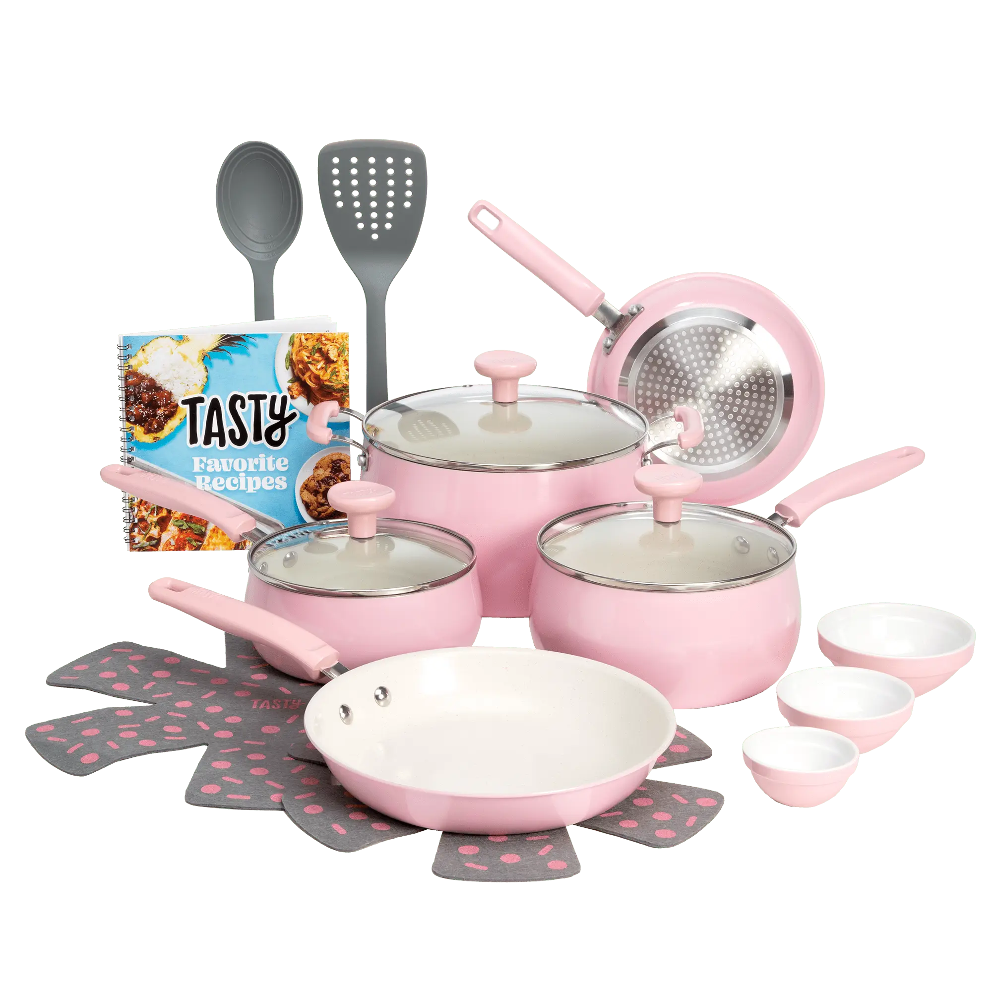 Tasty Clean Ceramic 16 Piece Non-Stick Aluminum Cookware Set, Pink