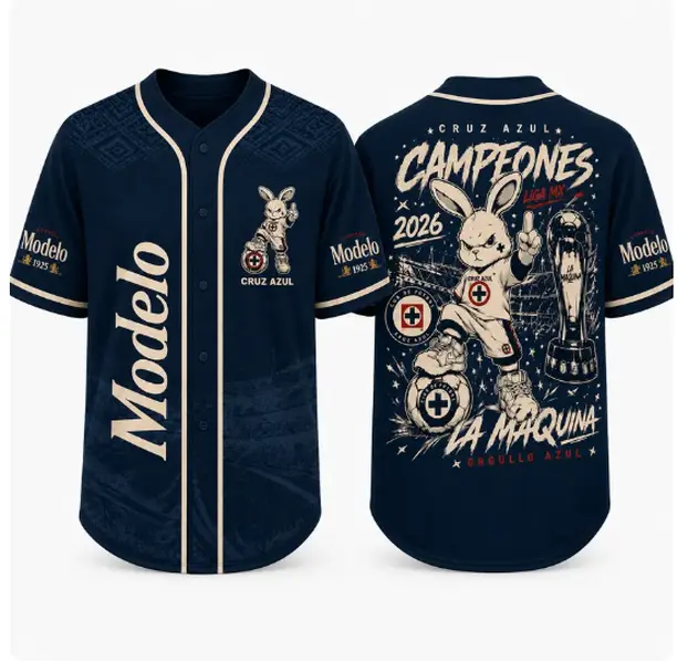 Cruz Azul Campeones Baseball Jersey, Modelo Mexico Soccer Shirt, Liga MX Bunny Mascot Streetwear Jersey Unisex