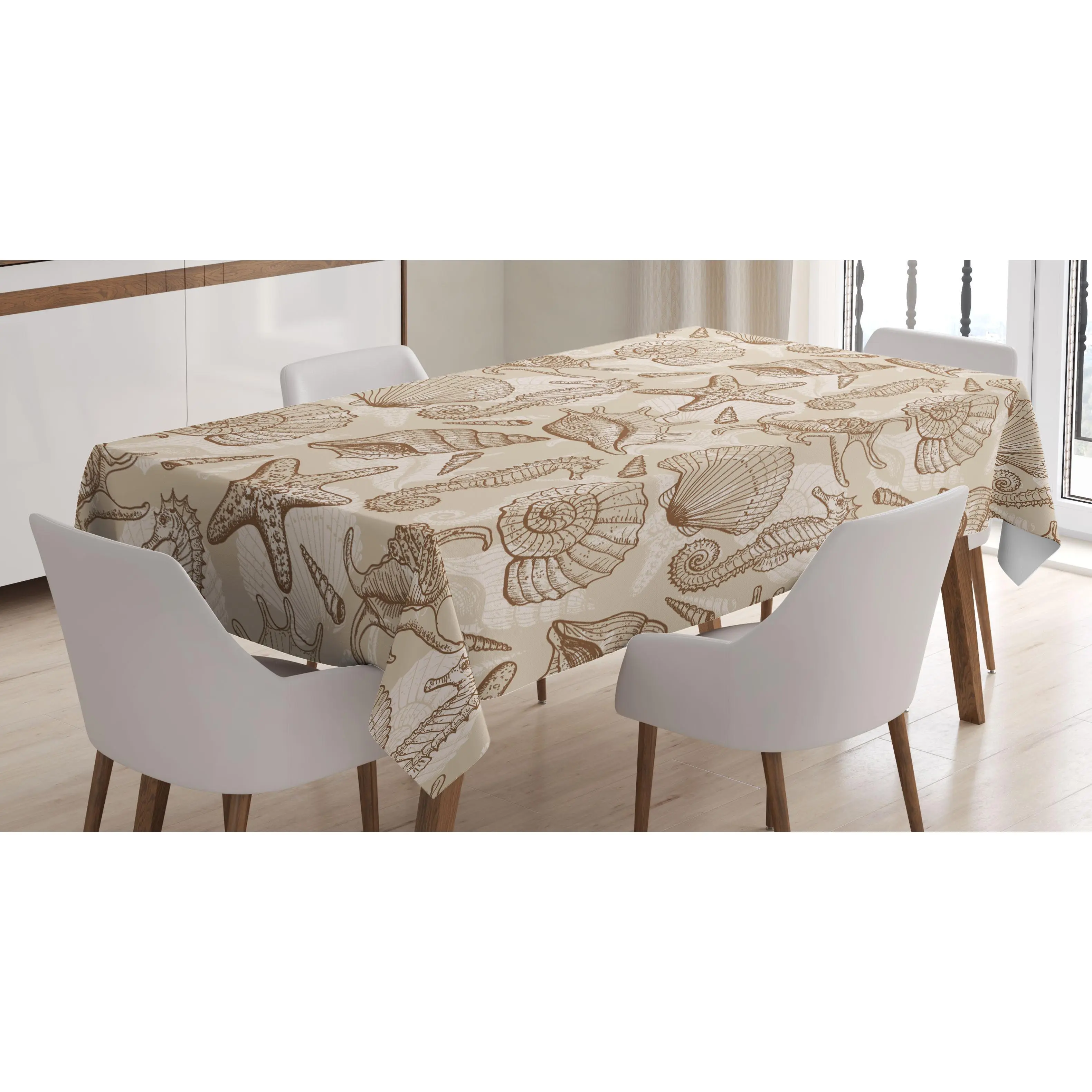 Beige Tablecloth, Exotic Marine Animals in Retro Style Illustration Shells Starfish Seahorse Contemporary, Rectangular Table Cover for Dining Room Kitchen Decor, 60" X 90", Beige