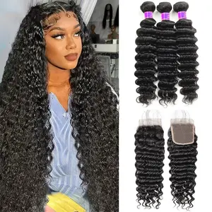 Brazilian Deep Wave Bundles With Closure Virgin Human Hair Bundles With Closure Quick Weave Extensions