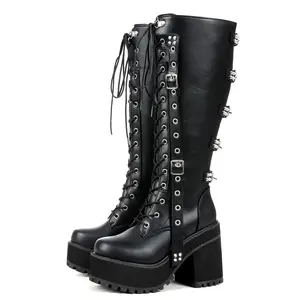 Womens Knee High Boot Rounded Toe Chunky Platform Heel Dressy Lace Up Side Zipper Buckle Goth Eyeletted Cone Spike Studded Straight Style Hanging Strap Comfy Outing Music Festival Motorcycle Ride Nightclub Autumn Fall Winter Punk Shoes Deals For You Days