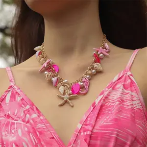 Summer Beach Jewelry Starfish Series Pearl Starfish Conch Shell Necklace for Women Multi-element Beaded Crystal Necklace