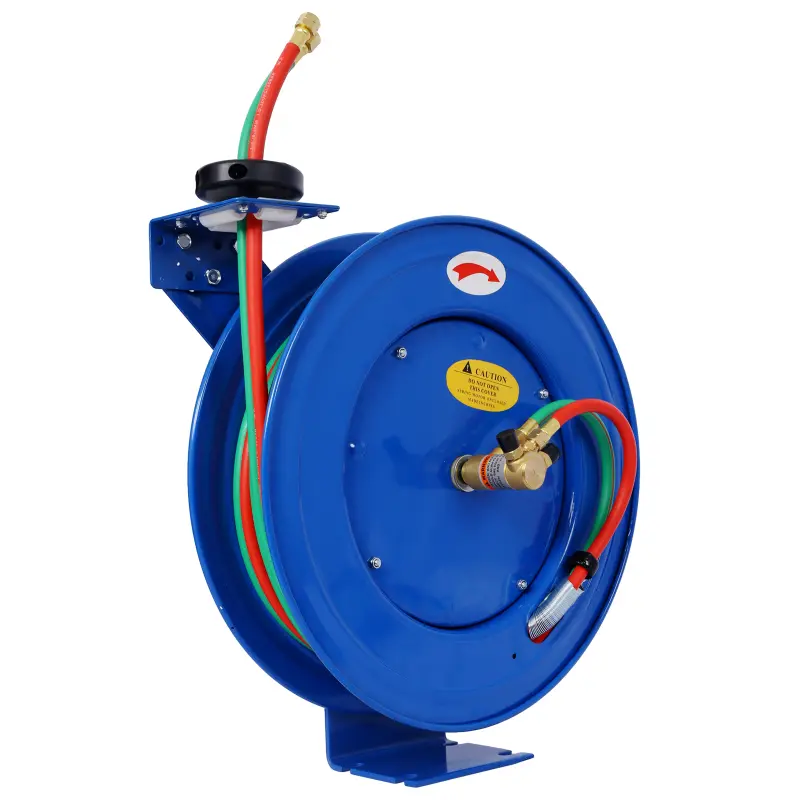 Welding Hose Reel Retractable 1/4 Inch x 50/100 Foot Twin Oxygen Acetylene Rubber Hoses STD Duty Max 200PSI Heavy Duty Industrial Single Arm Construction