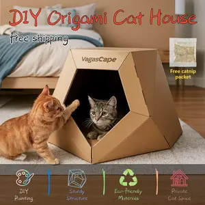 Vagascape DIY Cat House, DIY Origami Hand-Painted Cat House, Scratch-Resistant Kraft Paper Material, Foldable Washable Pet House, Ped Bedding, A Special Gift Just for Your Pet