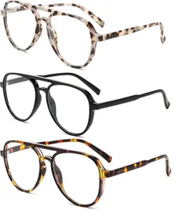 3 Pack  Retro Aviator Reading Glasses for Women, Mens Big Lightweight Blue Light Blocking Computer Readers