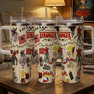 Stranger Inspired Theme Car 40oz Tumbler Vintage Cartoon Illustration Pattern Durable Stainless Steel Double Wall Insulated Leak Proof Easy Carry for Travel Camping Cycling Party Gift Use