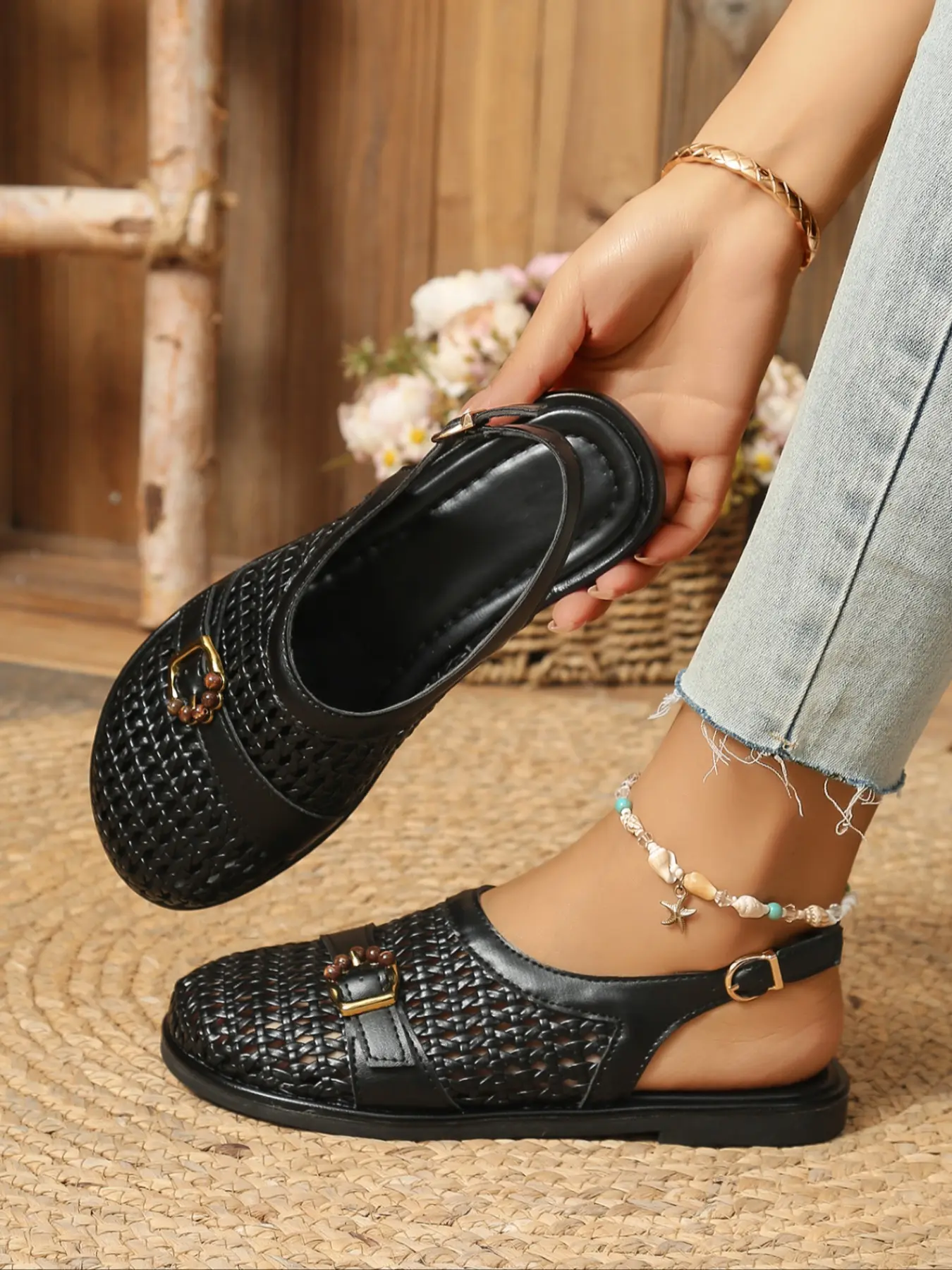 Women's Black Woven Slingback Flat Sandals - Breathable Mesh Buckle Detail Closed Toe Casual Shoes for Summer Footwear Casual Fashion Footwear #wovensandals #flatsandals #summershoes #tiktokshoefinds #bohoheels