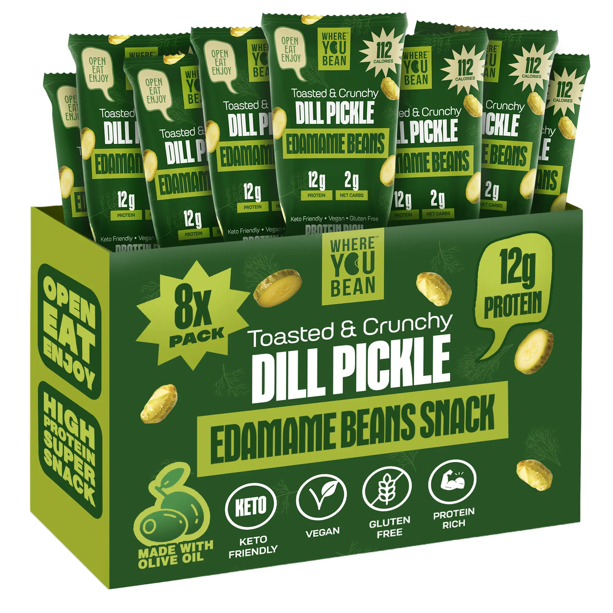Where You Bean Dill Pickle Crunchy Roasted Edamame Beans – 12g Protein, Low Carb, Keto Friendly Vegan Snack & High Fiber - Made with Olive Oil (8-Pack)
