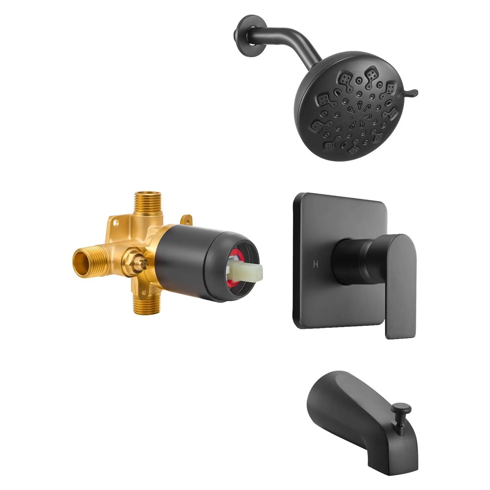 Tub and Shower Faucet Set With 5-Inch Rainfall Shower Head, Bathtub Spout, Single-Handle Tub Trim Kit Including Brass Pressure-Balancing Valve, 8-Setting Adjustable Spray Modes, Matte Black Finish