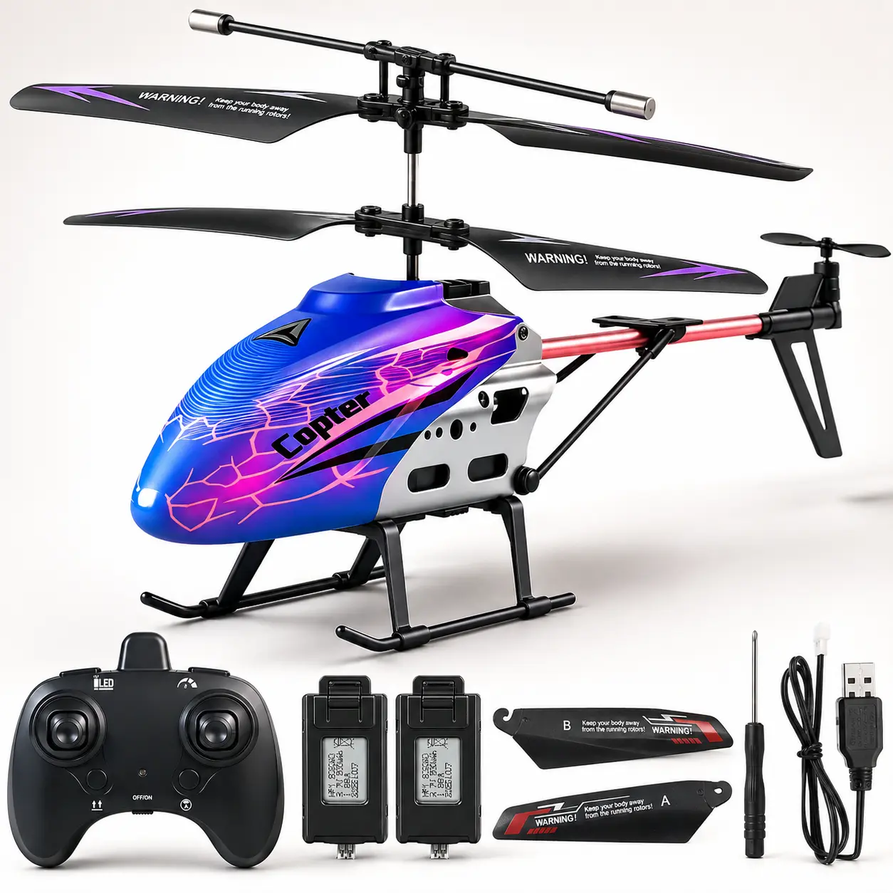 LED RC Helicopter Remote Control Toy for Kids with 2 Rechargeable Batteries 30Mins Flight Durable Colorful 2.4GHz Stable Control