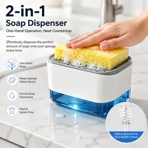2-in-1 Kitchen Soap Dispenser with Sponge Holder, One-Handed Mess-Free Dish Soap Pump, Refillable Compact Organizer for Kitchen Sink Neat Countertop