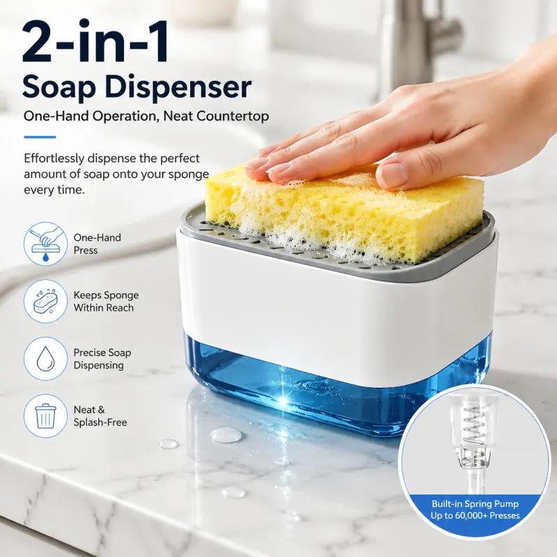 2-in-1 Kitchen Plastic Soap Dispenser with Sponge Holder, Soap Container, One-Handed Mess-Free Dish Soap Pump, Refillable Compact Organizer for Kitchen Sink Neat Countertop