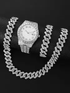 Fashion diamond-encrusted watch, hip-hop Cuban chain necklace, quartz watch set, Jewelry Watch Set