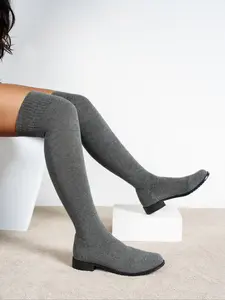 Women's over Knee High Stretch Boots, Casual Knitted Long Booties, Flat Round Toe Slimming Design, Versatile Fall & Winter Footwear, Pull On Boots