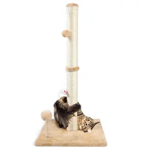 32" Tall 3-in-1 Cat Scratching Post with Plush Toys and Stable Base Natural Sisal Scratcher Vertical Scratcher
