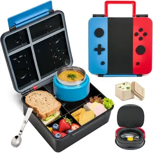 Bento Box for Kids, Lunch Box with 9oz Thermo Food Jar, Folding Spoon, Removable Divider & Sauce Cup, BPA-Free Realistic Shape Blue-Red for School and Travel