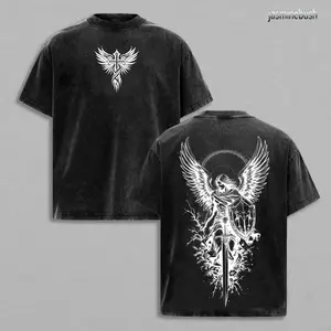 Men's Saint Michael the Archangel Vintage Washed Short-Sleeve Tshirt - Spiritual Warfare Guardian Angel Crewneck, Casual Streetwear Menswear Top Tropical Shortsleeve