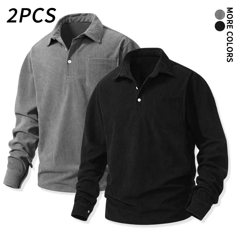 2 Pack Men’s Autumn/Winter Soft Corduroy Shirt with Lapel and Half Placket, Simple Loose Fit, Pull On Long Sleeve Basic Everyday Top with Chest Pocket Men's