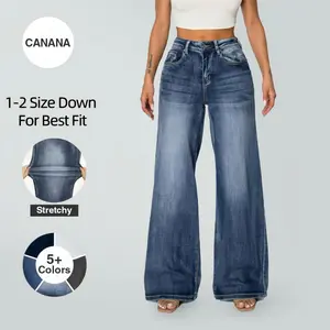 CANANA Plus Size Women's High Waisted Wide Leg Jeans Light Dark Wash Blue Stretch Denim Pants Casual Loose Fit Full Length Jeans Size Down 1 to 2 Sizes SH25F12