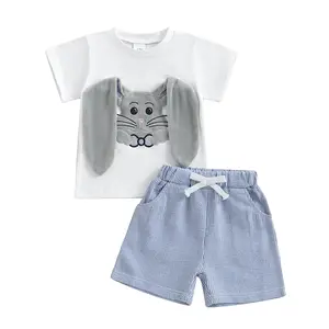Canrulo Baby Boy Easter Outfit Bunny Embroidery Short Sleeve T-shirt Top Striped Shorts Set Toddler Boys Easter Outfits