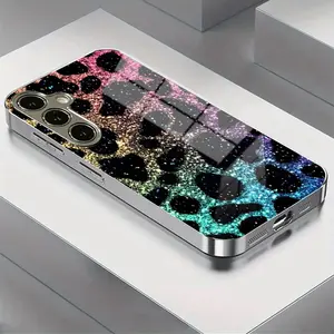 Shiny Leopard Print Glitter Glass Case for Samsung S25-S20, Note20-Note10, a Series, Cellphone, Anti-Dirty, Protective, Fashionable, Trendy Phone Cover Accessories