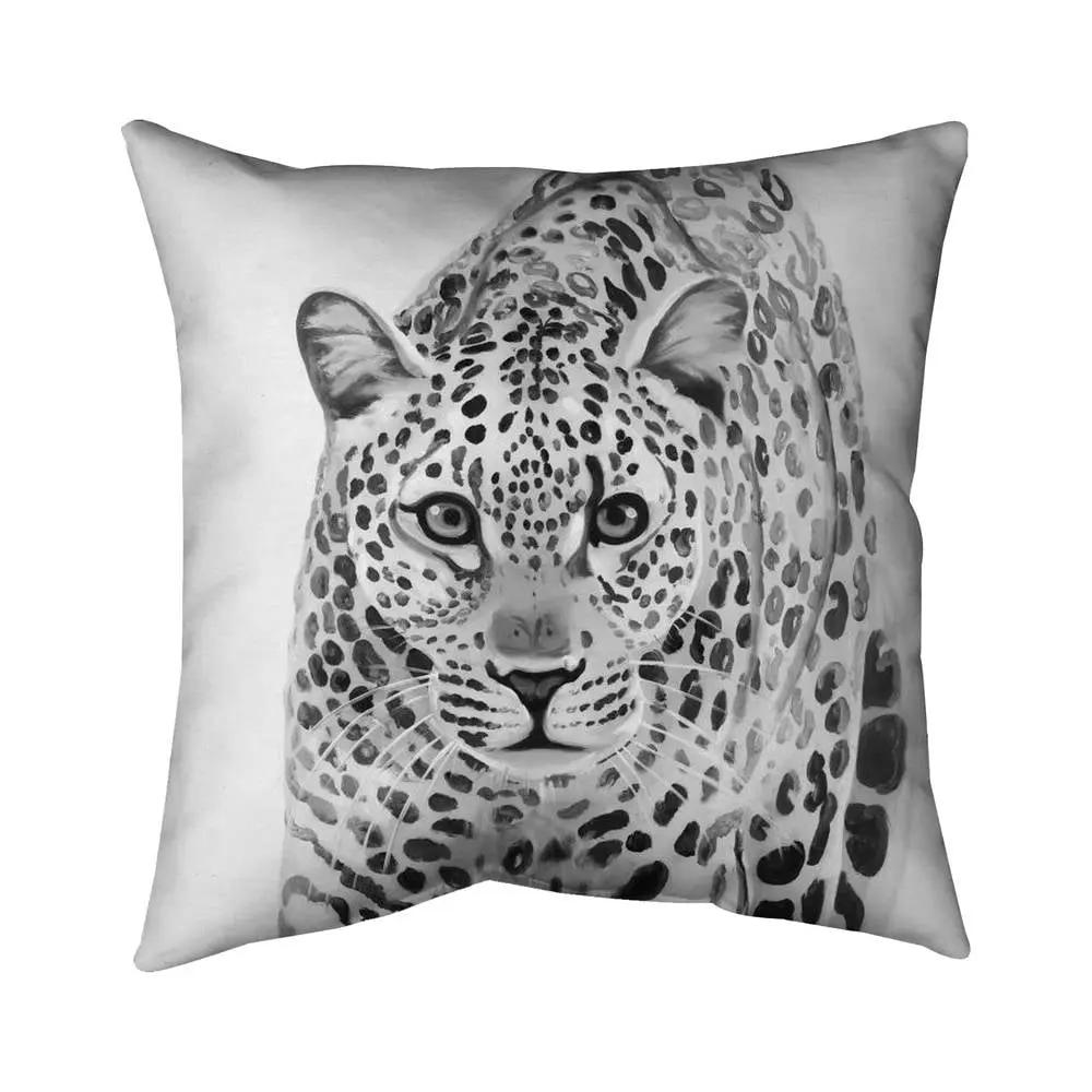 18x18 in. UV-Resistant Fade-Resistant Polyester Outdoor Throw Pillow - 360 Stand, Leopard Animal Motif, Black "Ready To Attack" Wildlife Decor, Patio, Outdoor Relaxation