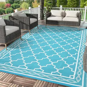 Outdoor Rug, Large Waterproof Patio Carpet Reversible Plastic Straw Mat for Deck Backyard Balcony RV Camping, Easy Clean Outdoor Mat,Light Blue/White