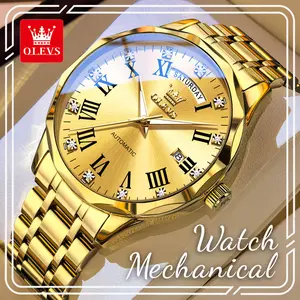 OLEVS 6780 Men's Business Automatic Mechanical Watch, Golden Sunburst Dial with Rhinestone Inlaid Roman Numerals, Day & Date Dual Window Display, Luminous Hands & Hour Markers, 3ATM Water Resistant Formal Dress Wristwatch, Ideal Gift for Any Occasions
