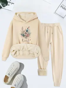 Women's Cartoon Flower Print Thermal Lined Hoodie & Drawstring Waist Pants Two-piece Set, Casual Long Sleeve Hooded Sweatshirt & Pocket Trousers, Women's Fall & Winter Clothes