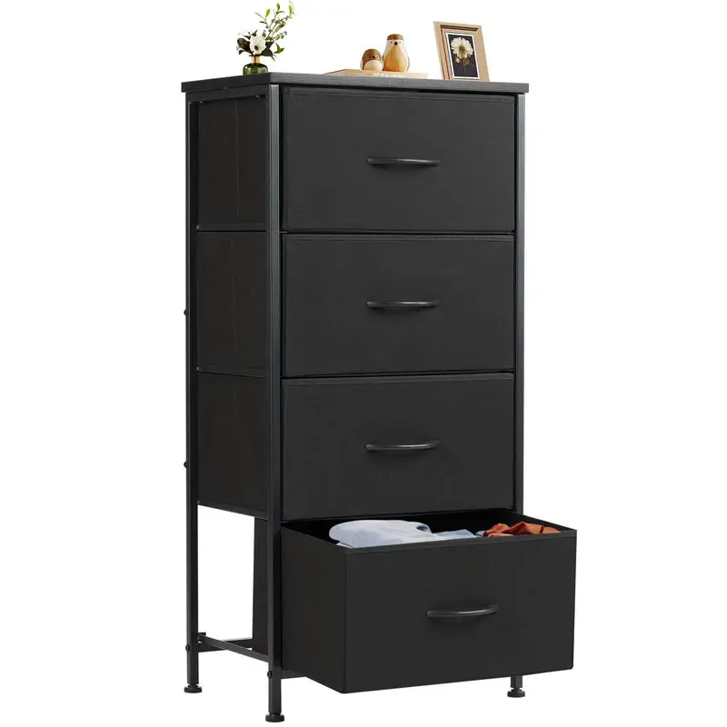 Dresser for Bedroom, 4 Drawer Dresser, Storage Tower with Fabric Bins, Chest of Drawers for Closet, Living Room, Hallway, Charcoal Black Wood Grain Pr