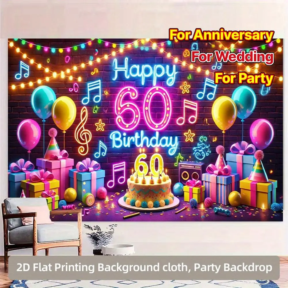 60th Happy Birthday Reusable Polyester Decorative Banner with Birthday Songs, 1pc 2D Flat Print Indoor Home Decor Ornament, Living Room Wall Art Backdrop for Home Parties & Ceremony Photography