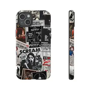 Vintage Horror Movie Collage Phone Case (Scream, Friday the 13th, Halloween), Retro Spooky Aesthetic, Tough Shockproof Protective Cover, Fan Gift, Compatible with iPhone 11-17 Pro Max/Plus and Samsung Galaxy S23-25