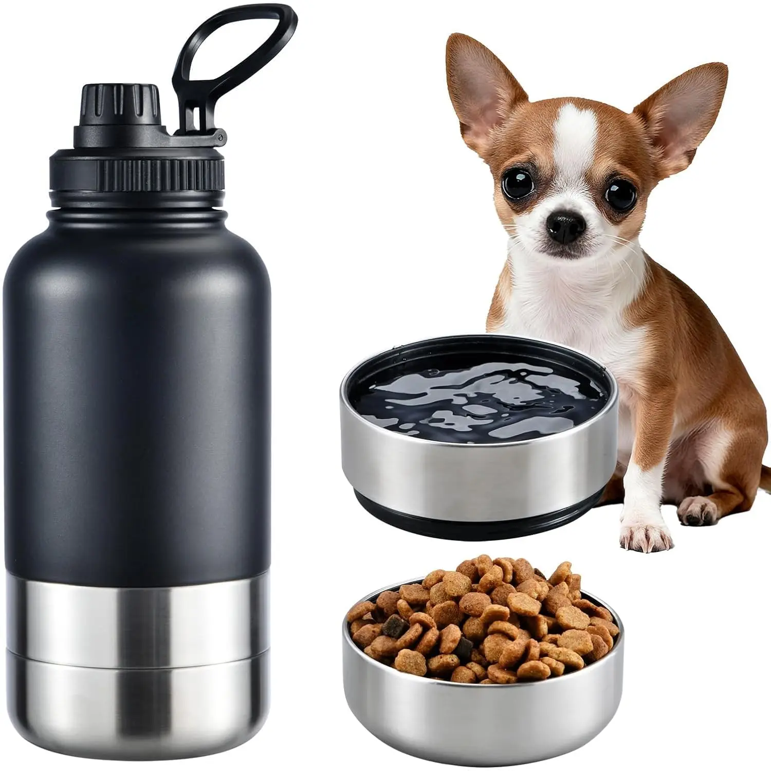 32oz Double-Walled Insulated Stainless Steel Dog Water Bottle with 2 Feeder Bowls, Leakproof Dishwasher-Safe Uncharged Portable Pet Dispenser for Walking, Picnics, Gifts for Small-Medium Dogs, Bowl/Dish, Feeder Bowl Water Bottles