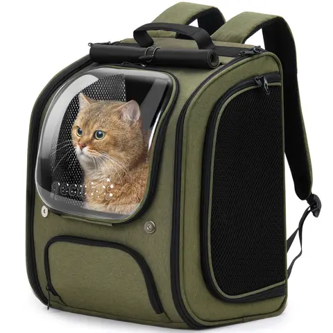 Pecute Cat Carrier Backpack with Bubble Space Capsule - Airline Approved, Expandable, Locking Zipper, Ventilated Mesh, Breathable Fabric, UV Protection, Padded Straps, Foldable, No Pulling (Black,Pink,Green,Gray,Khaki)