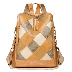 Women's Large Capacity Backpack - College Style, Argyle Pattern, Colorblock Design with Adjustable Straps and Zipper Closure in Khaki/Brown/Cream/Black, Travel Shoulder Bag | Trendy Backpack | Zipper Closure Bag, Backpack Purse