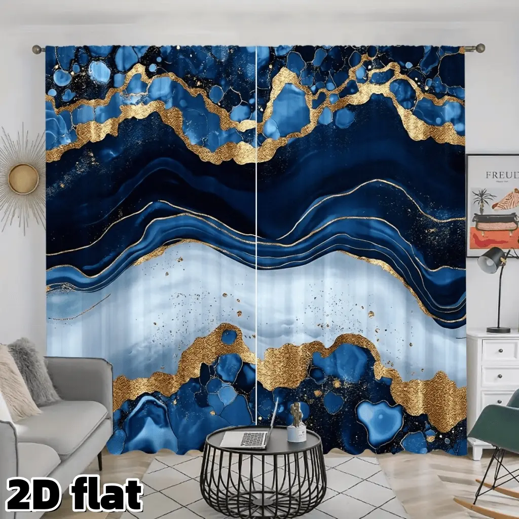 2D Flat 2Pcs Abstract Marble Pattern Curtains, Semi Sheer Curtain, Gold Blue Wave Design Rod Pocket Panels Semi Transparent Polyester Modern Art Window Treatment for Living Room Bedroom Kitchen Office Window Drapes Home Decor Curtain Dressing