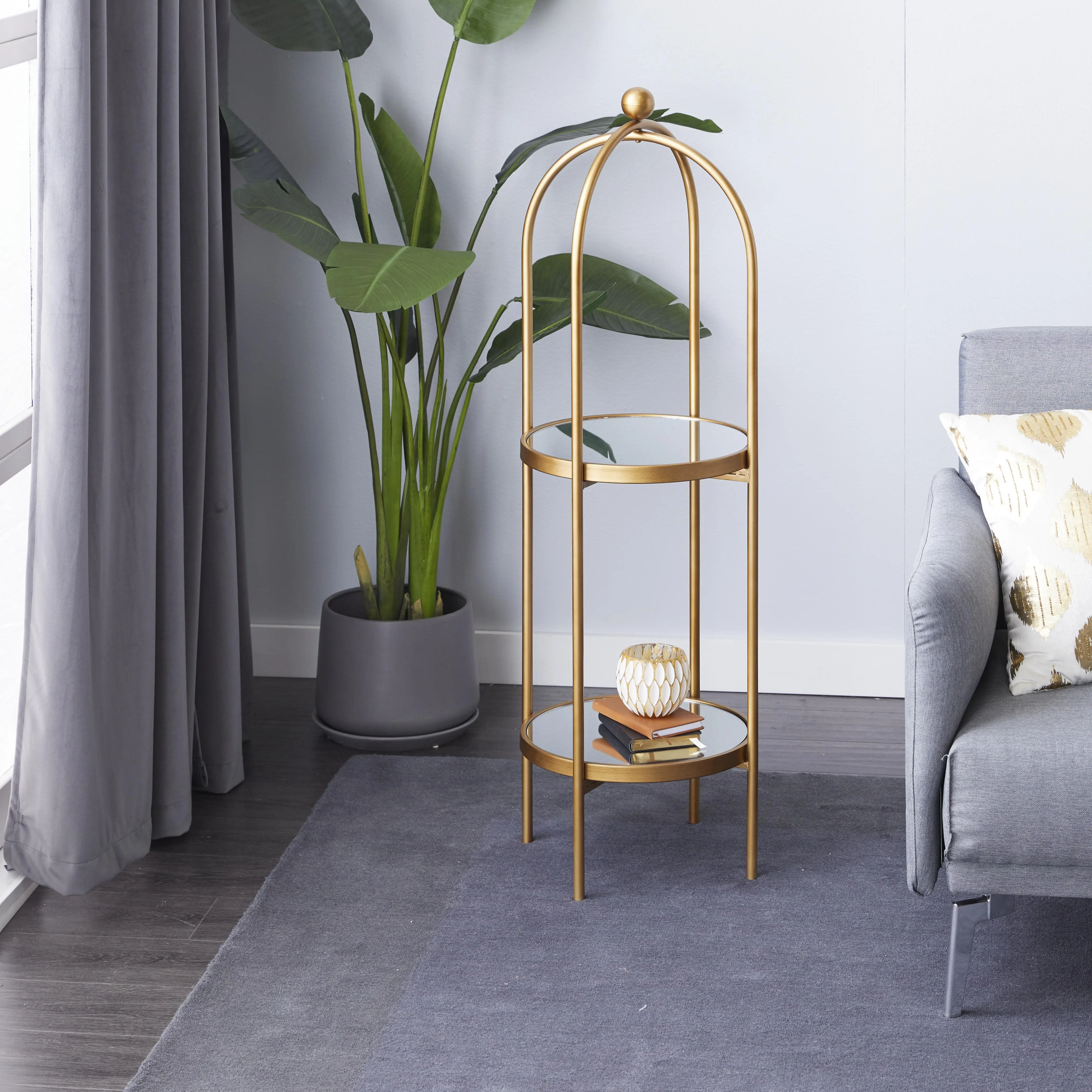 Luxury Gold Metal 2-Shelf Storage Shelving Unit with Mirror Shelves, Racks, 16" x 18" x 46" Indoor Furniture