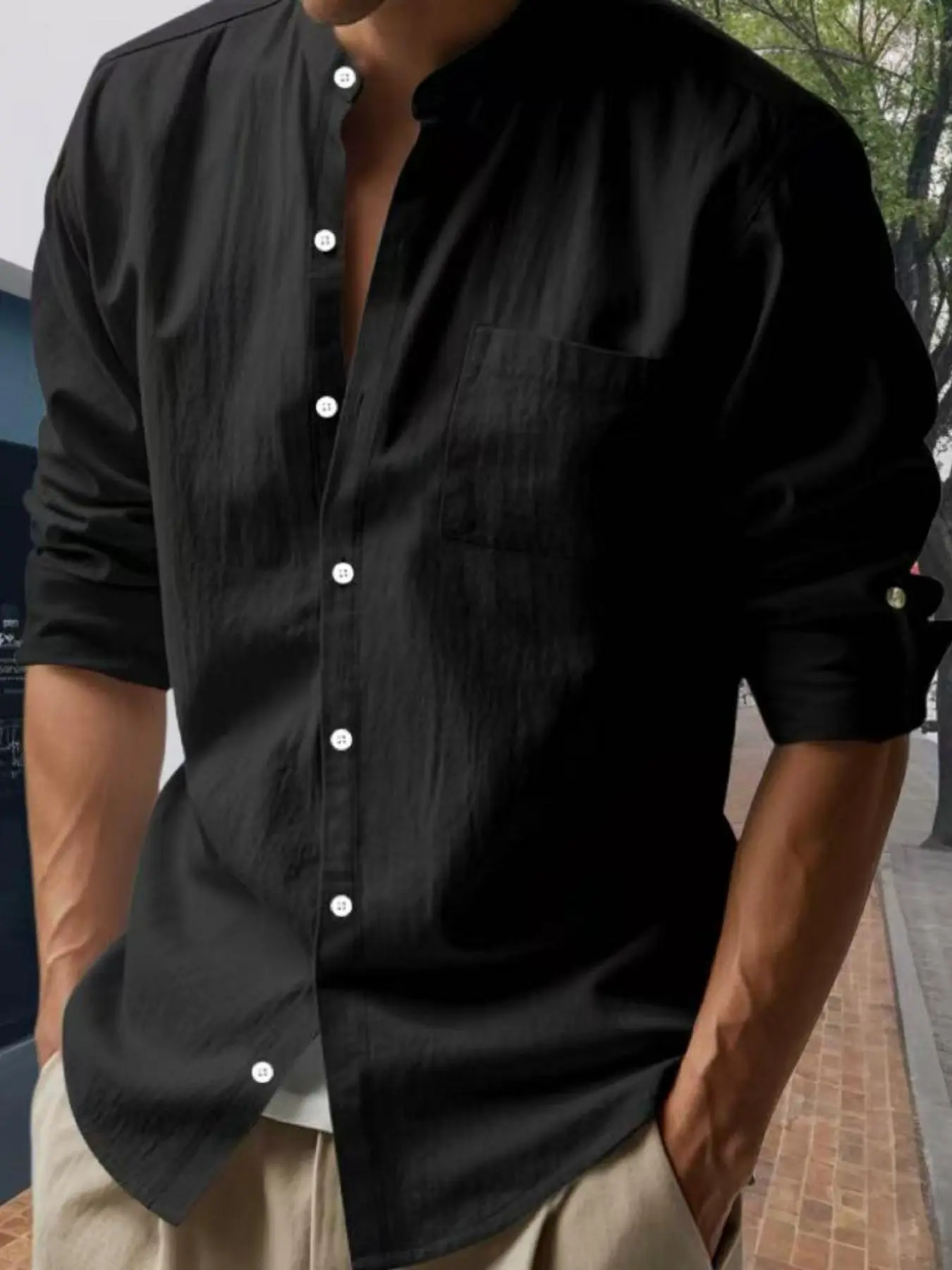 Men's Solid Color Basic Minimalist Cotton Linen Henley Neck Shirt, Menswear Regular Fit Casual Breathable Long Sleeve Top for Summer, Men's Clothes for Daily Wear