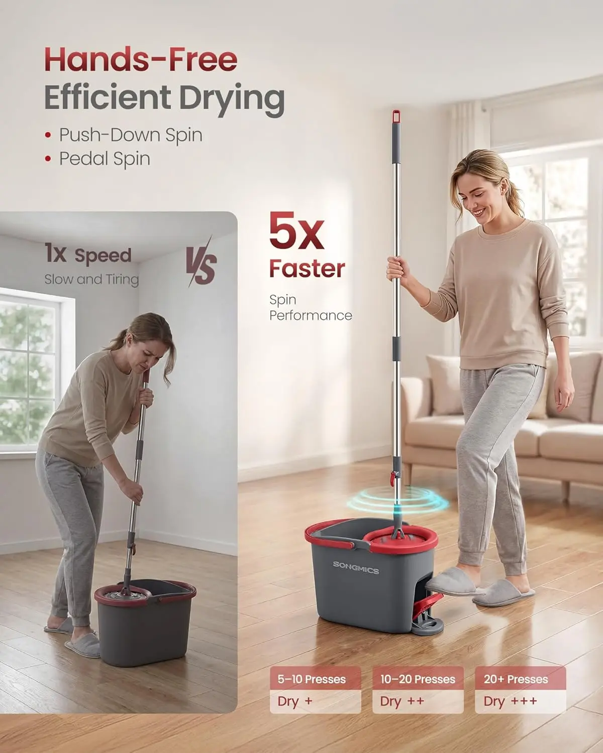 SONGMICSHOME Round Spin Mop and Bucket Set with Pedal Wringer, Stainless Household Cleaner, Adjustable Telescopic Handle (Max. 59.1-in), 360° Rotating Head, 4 Microfibre Pads, Gray and Red ULMB002GT04