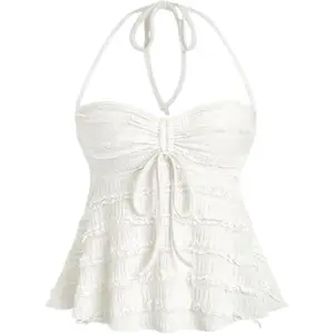 Women's Ruched Halter Tops Peplum Cami Tops Y2K Drawstring Tie Crop Top for Summer Going Out Dressy Casual