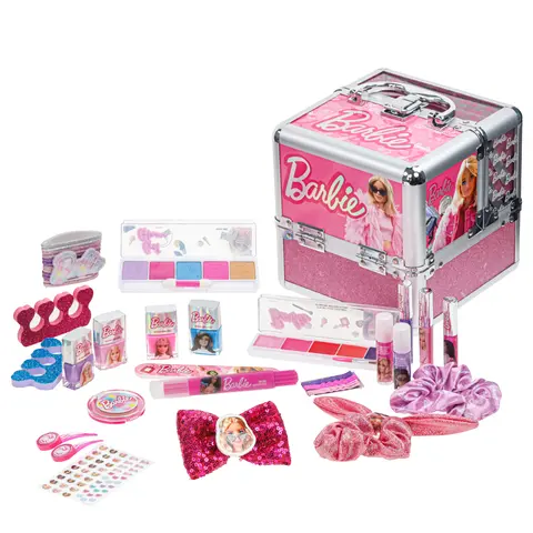 Barbie Kids Deluxe Beauty Train Case Vanity Playset - Washout Waterbased Pretend Play Makeup Vanity Toy, Includes 1 Blush, Glitter Lip Gloss, Eyeshadow, Nail Polish, Hair Accessories, Holiday Gifts for Ages 3+ By Townley Girl