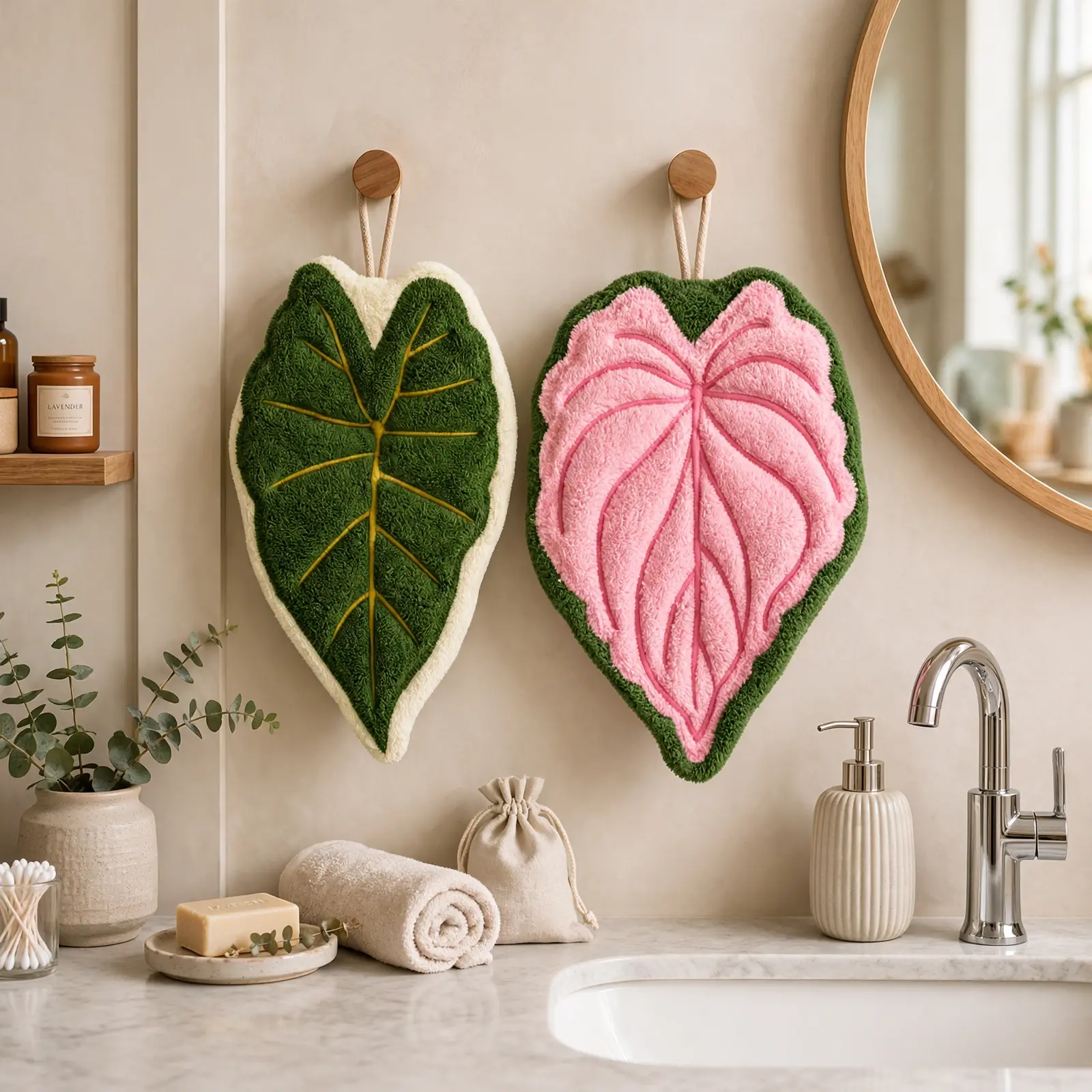 2 Pack Monstera Leaf Hand Towels – Hanging Coral Fleece Towels, Absorbent Quick Dry Kitchen and Bathroom Hand Towels