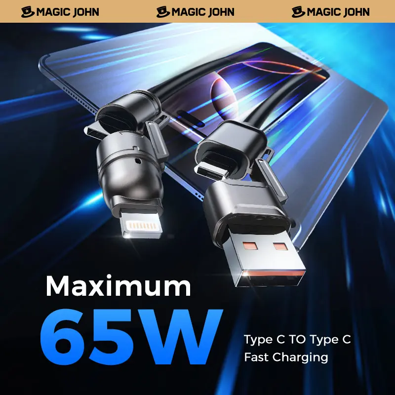MAGIC JOHN USB Type C Charging Cable, 4 in 1 Function, 65W Fast Charging, Liquid Silicone and Aluminum Alloy Material, Braided Data Cable, Black & Gray