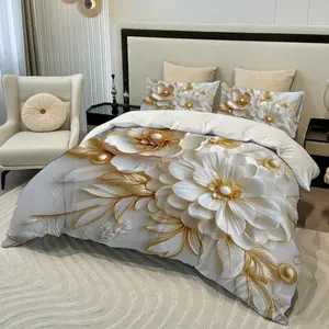 3pc Pearl Flower Modern Decorative Bedding Set, Zippered Quilt Cover + Pillowcases, Breathable Polyester, Soft Comfort