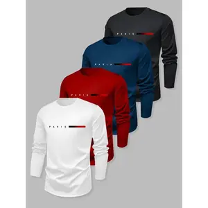 Men’s Classic Letter-Print Long-Sleeve T-Shirt 4-Pack, Casual Fitted Tops for Spring & Fall, Best-Selling Basic Tees