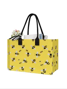 Large Capacity Storage Bag with Bee Print, Durable Handles, Space-Saving Multi-Purpose Organizer for School, Travel, Shopping