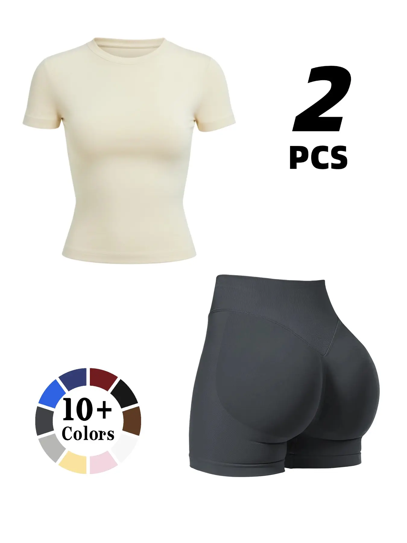 Women's sports short sleeve set, gym wear, Sports clothing set, slim-fit short sleeve and high-waist hip-lifting shorts set, outdoor sports tennis outfit, yoga and Pilates fitness set, Fitness Sportswear Set