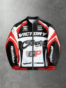 Men's Street Style Racing Element Letter Print Long Sleeve Jacket, Perfect for Autumn Winter Wear, Casual Fashion Outerwear