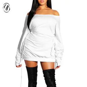 OYV Women's Sexy Off Shoulder Long Sleeve Lace Up Loose Club Mini Dress
